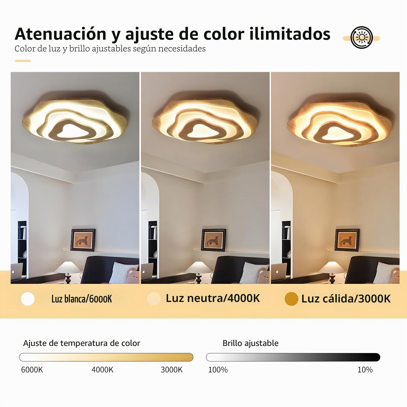 Plafón LED De Madera, Nubes Ø57cm 50W=3500lm, Plafón Regulable Para Dormitorio Infantil 3000K-6000K, Lámpara De Salón Pantalla Acrílica En Forma De Corazón, Lámpara De Techo Infantil Redonda
