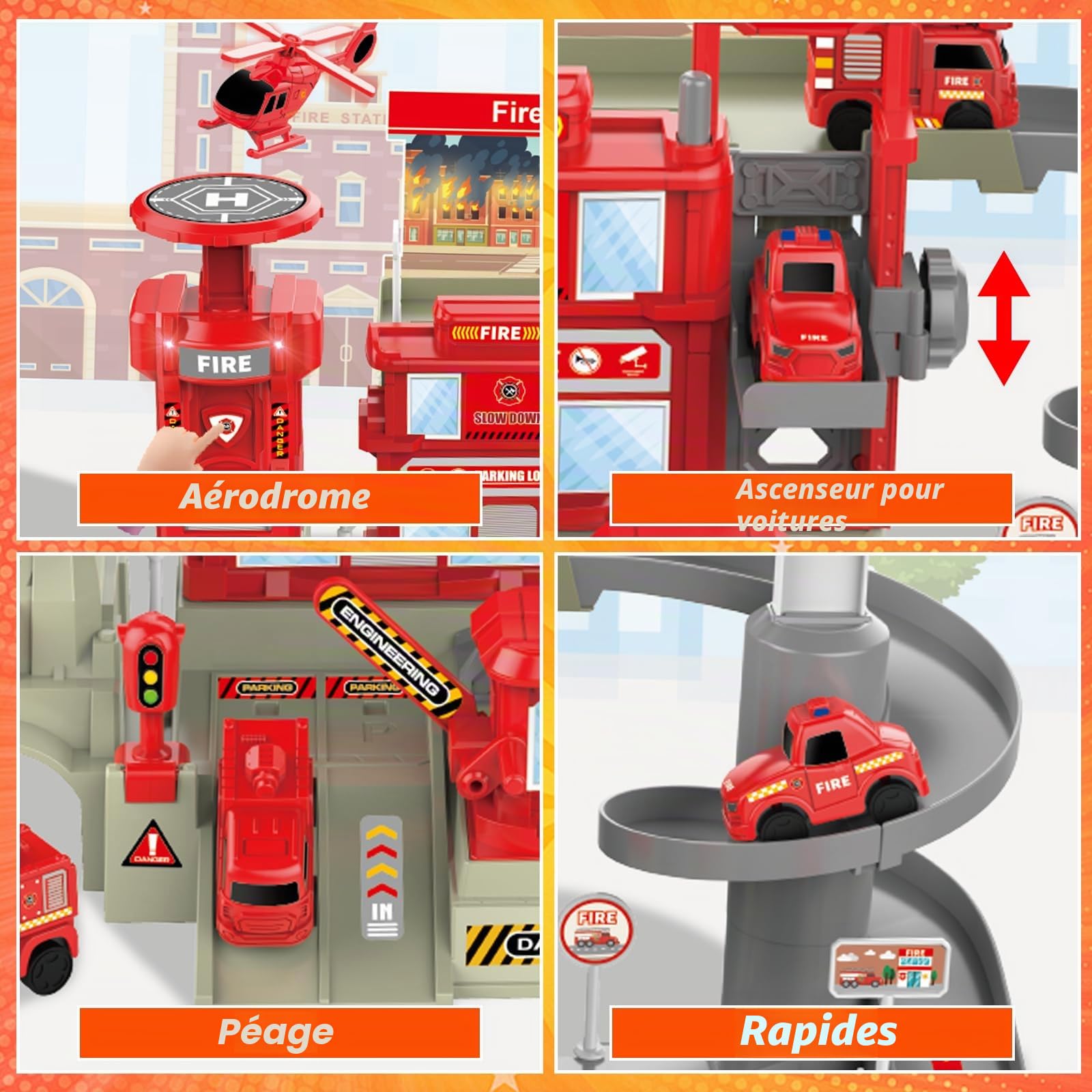 deAO Camion de Pompiers Jouet 2 Étages Dès 3 Ans – Caserne Garage avec Lumières et Sons, 3 Voitures et Hélicoptère, Jeu de Sauvetage et Cadeau Enfants