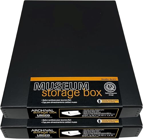 Vista 217 de Lineco, Caja de almacenamiento de archivos de museo de color tostado de 9 x 12 pulgadas, diseño frontal caído. Sin ácidos con borde de metal.