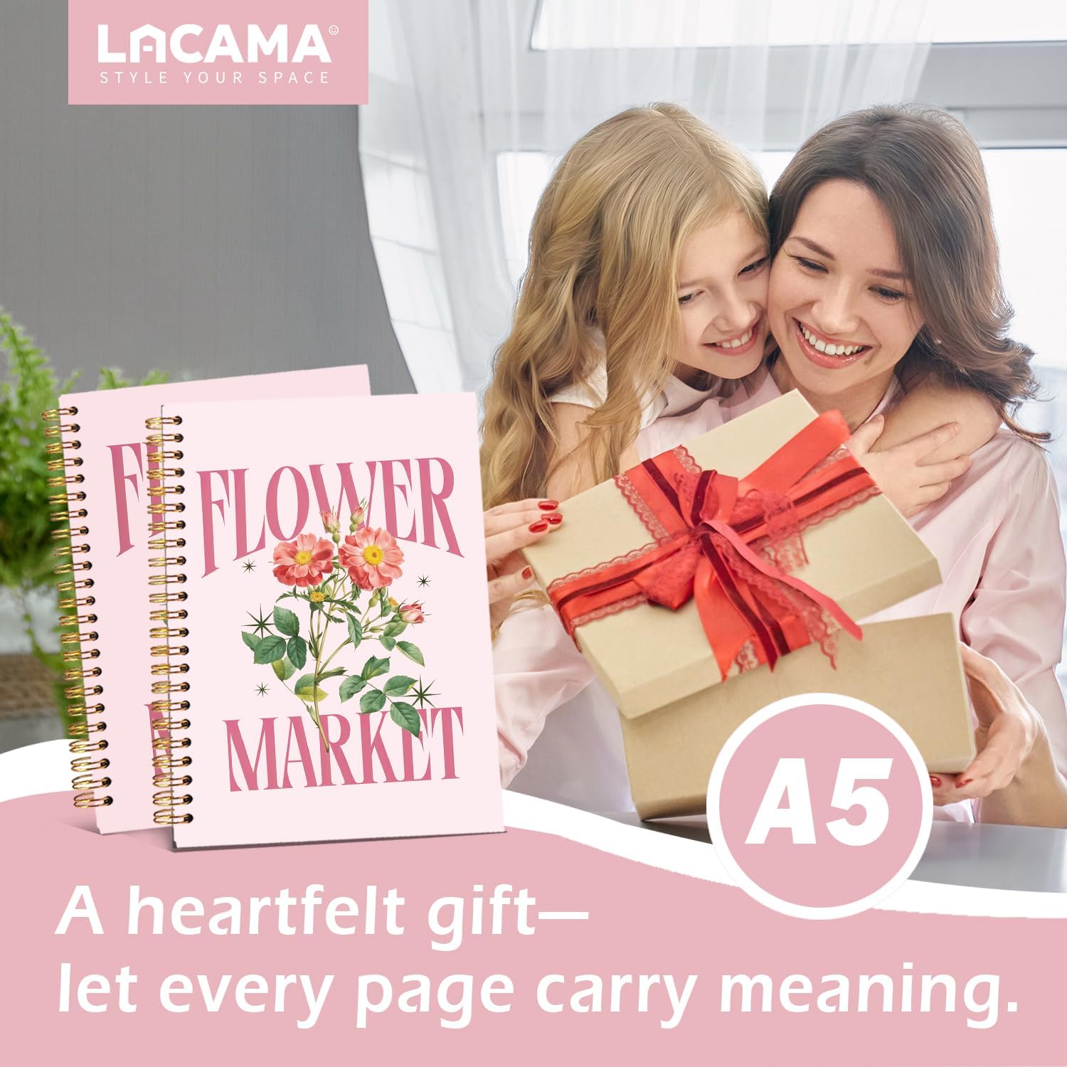 Lacama Cute Notebook Journal for Women, Pink Pretty Notebooks Gifts for Women, School Office Supplies, Flower Market Hardcover Spiral Notebook for School 5.5x8.3 Inch - Image 2