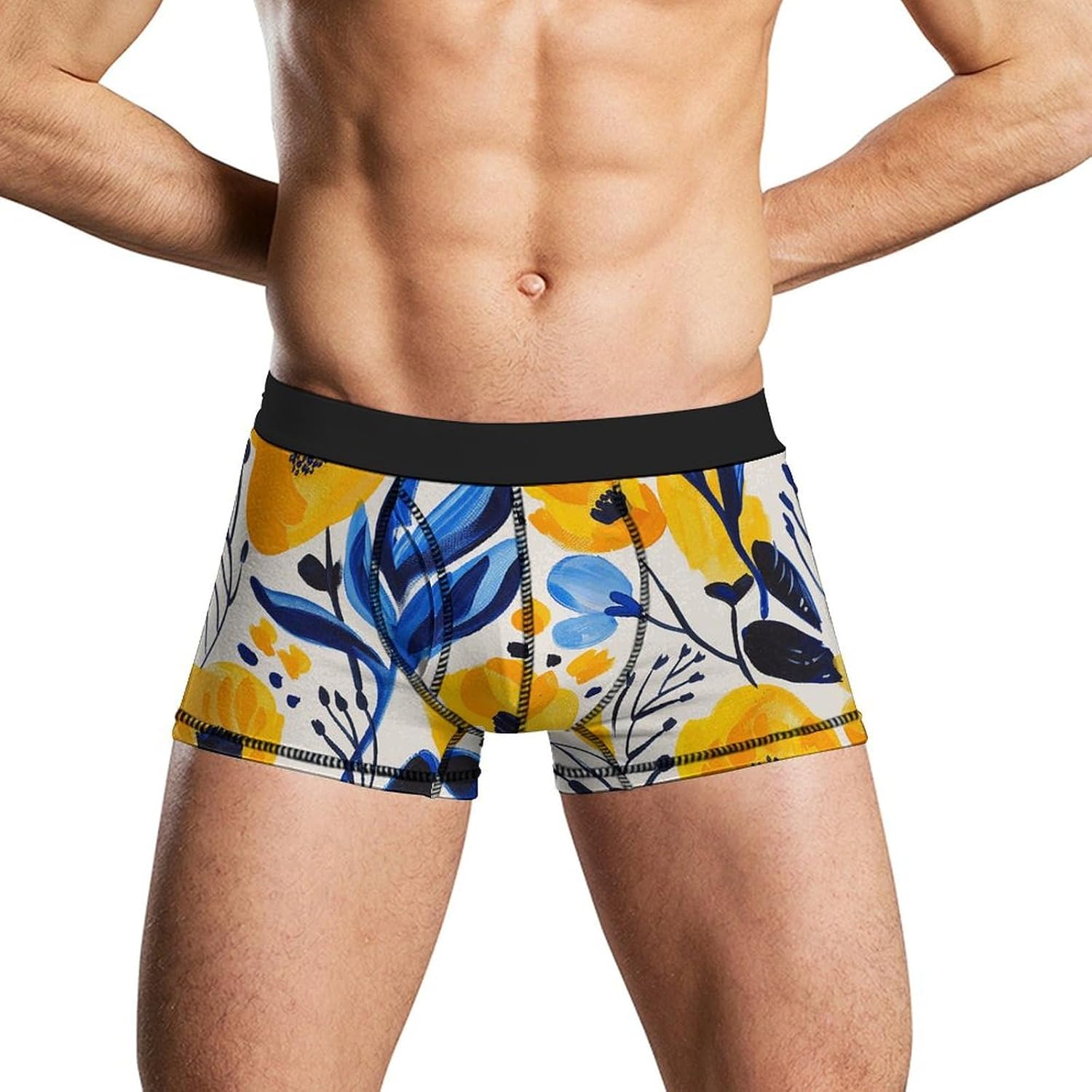 Yellow And Blue Flowers Mens Boxer Briefs Short Breathable Underwear Trunks Soft Moisture-Wicking Boxer Shorts Novelty Underpants M