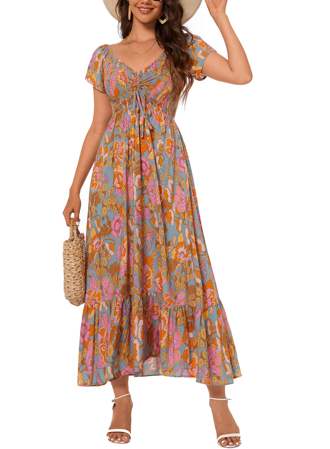 Women's Floral Maxi Dress - Summer Ruffle Sleeve Smocked Tiered Dress, Casual Beach Wedding Guest Outfit - View #13