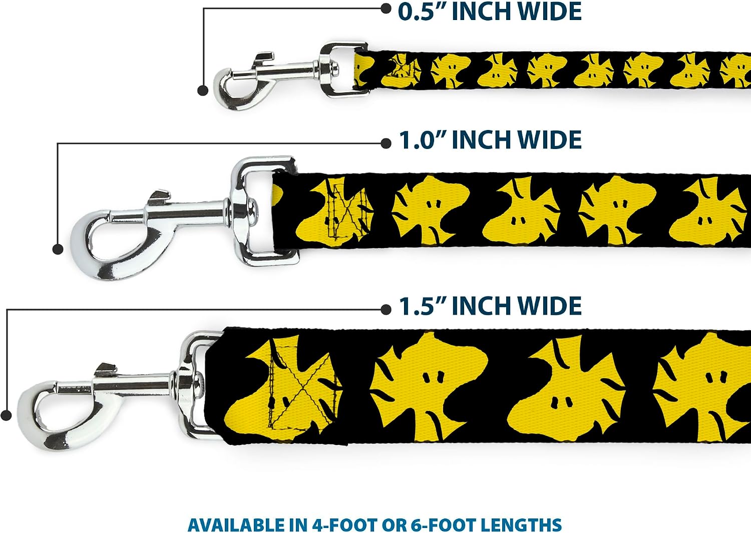 Peanuts Worldwide LLC Pet Leash, Dog Leash, Peanuts Woodstock Face Flip Black Yellow, 6 Feet Long 1.0 Inch Wide