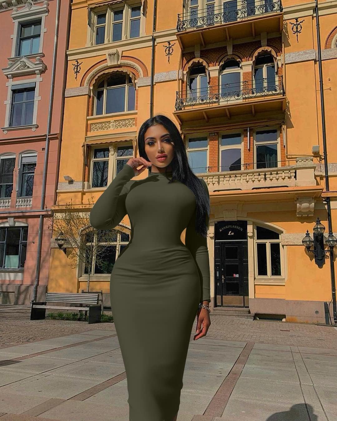 GOBLES Women's Elegant High Neck Long Sleeve Bodycon Midi Party Long Dress - Image 6