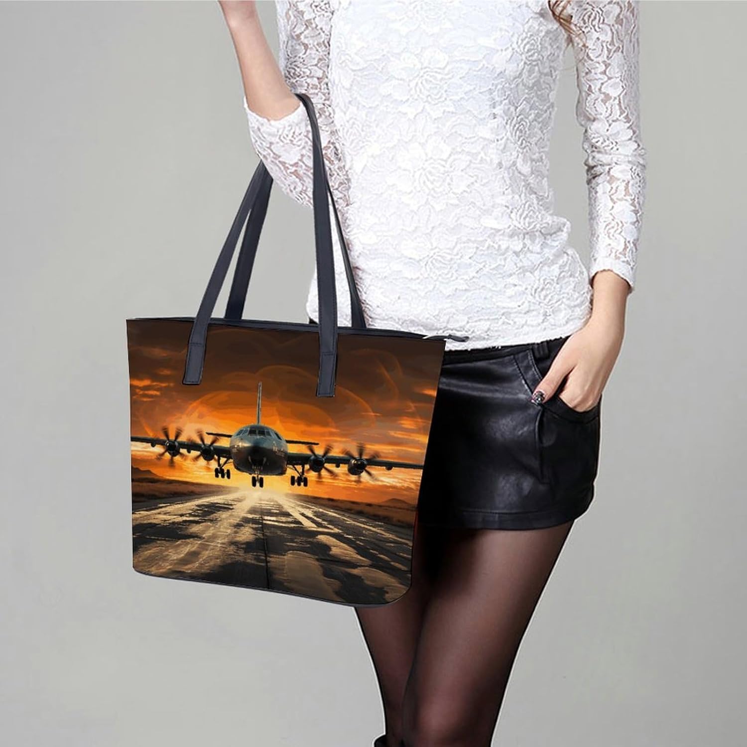 Military Plane Landing on Airforce Runways Against Beautiful Dusky Sky Tote Bag for Women Top Handle Large Size Satchel Purse Ladies Chic Shoulder Bag Aesthetic Leather Shoulder Handbag for Work Trave