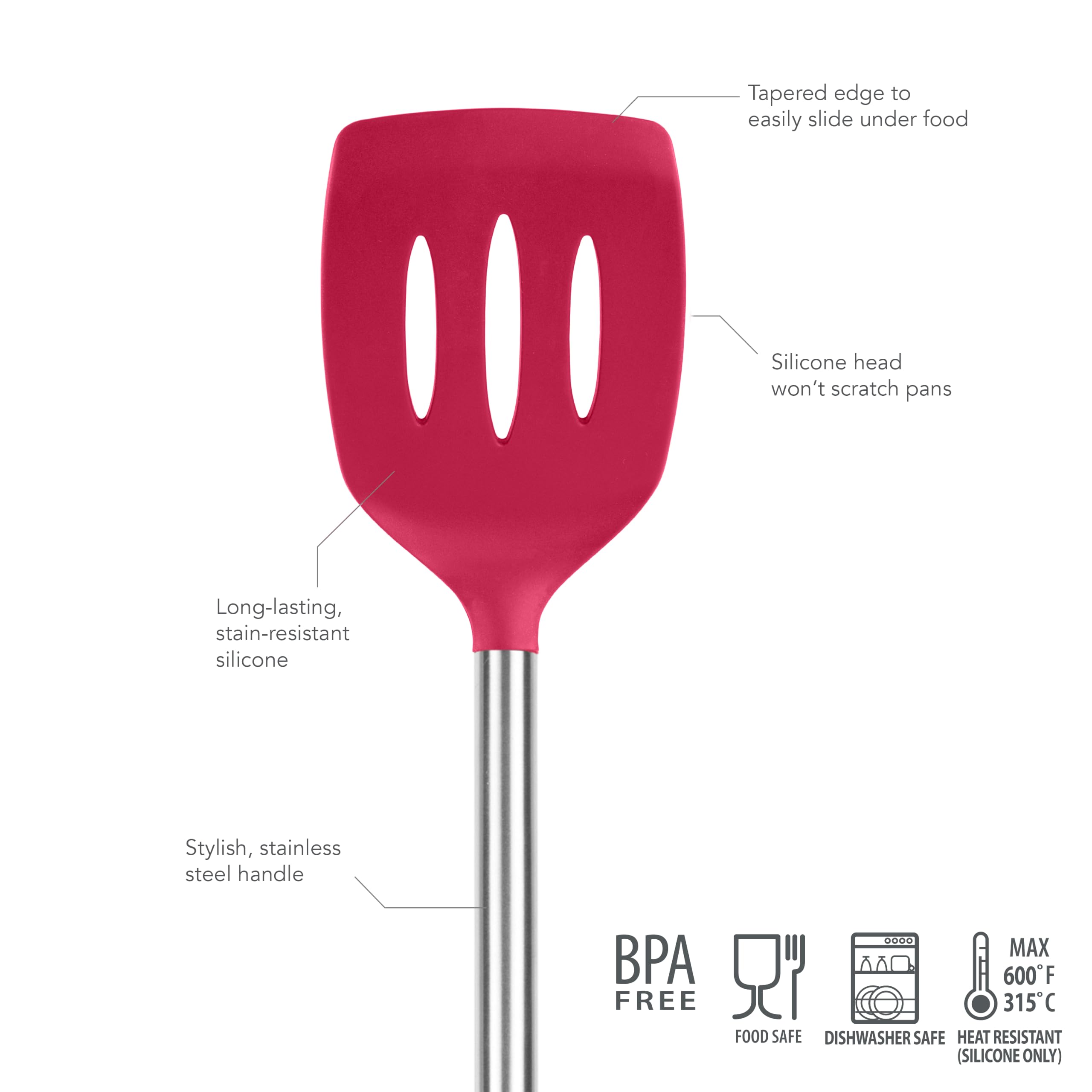 Tovolo Pfannenwender mit Schlitzen aus Silikon mit Edelstahlgriff, Pfannkuchenspatel, kratzfestes Küchenutensil für antihaftbeschichtetes Kochgeschirr & Gusseisenpfannen, Viva Magenta