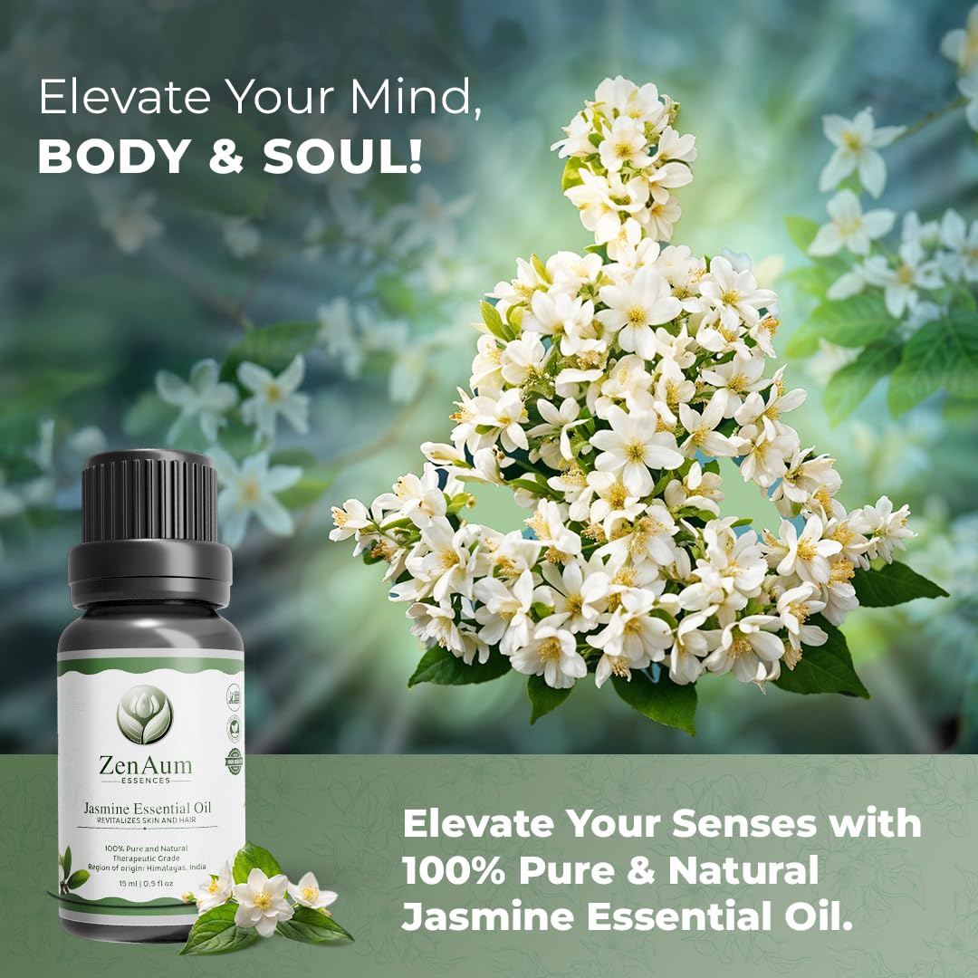 Zenaum Essences 100% Pure Jasmine Essential Oil | Mood uplift and skin hydration | Romantic aromatherapy, stress relief and child nutrition | Defuser and Massage Uses | GMP, IFRA, ISO certified- 15ml Zenaum Essences 100% Pure Jasmine Essential Oil | Mood uplift and skin hydration | Romantic aromatherapy, stress relief and child nutrition | Defuser and Massage Uses | GMP, IFRA, ISO certified- 15ml