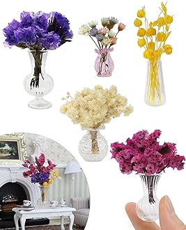 iLAND 1/12 Scale Accessories Mini Flower Vases w/ Dried Flowers 5 Pcs of 1/6 Scale Small Glass Vase for Cute Desk Decor & 12 inch Action Figures Dollhouse Accessories Mini House Decorations Exquisite
