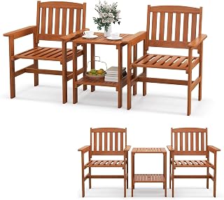KOMFOTTEU Juego de Muebles de 3 Piezas de Madera, Conjunto de 2 Sillas y Mesa con Orificio para Sombrillas, Set de Conversación con Respaldo y Reposabrazos para Patio, Terreza, Balcón
