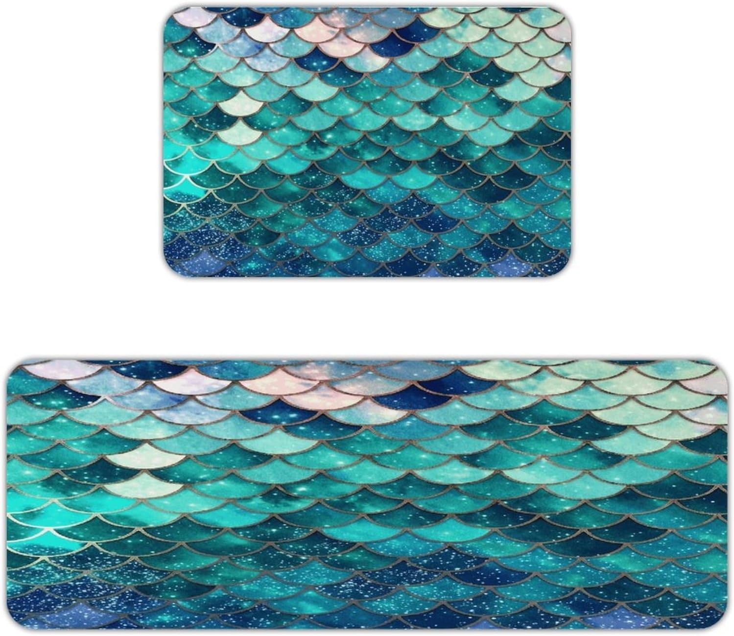 Mermaid Fish Scale Print Kitchen Mat Washable Non Slip Rugs Soft Kitchen Mats for Floor Set of 2 PCS Cushioned Absorbent Runner Standing Rugs for Home Sink Laundry Office