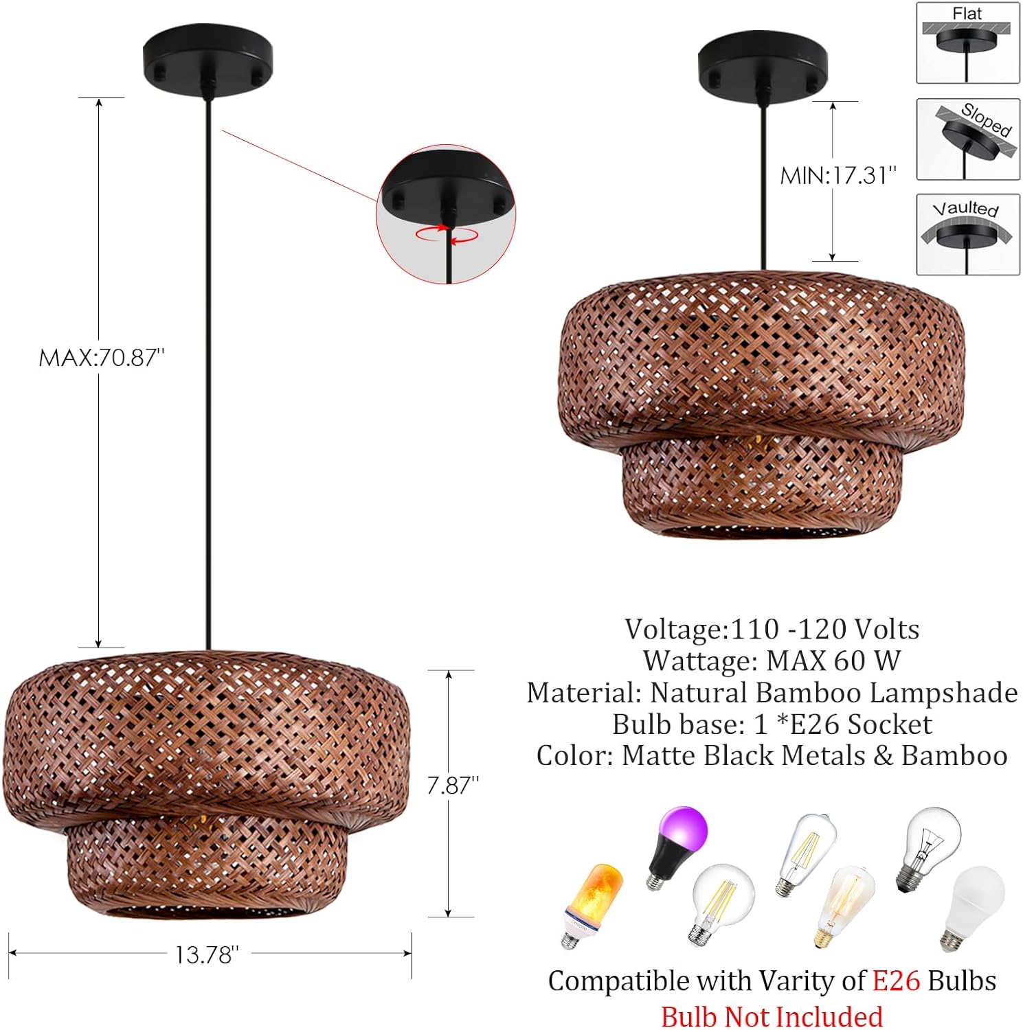 Dark Curry Bamboo Pendant Light,Boho Rattan Hanging Light,13.78" Hand Woven Wicker Chandelier for Kitchen Island for Kitchen Island Dining Bedroom Living Room Restaurants