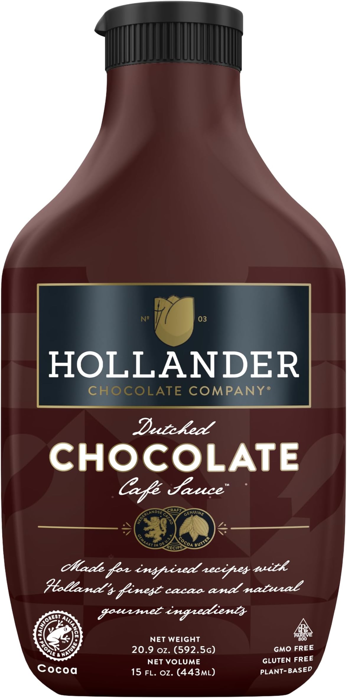 Hollander Dutched Chocolate Cafe Sauce | Vegan Friendly, GMO-Free, Gluten/Soy Free, Corn Syrup Free | 15 fl. oz. Squeeze Bottle