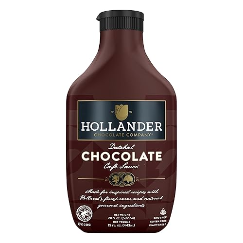 Hollander Dutched Chocolate Café Sauce  Apto para veganos, sin OMG, sin glutensoja, sin jarabe de maíz, botella exprimible de 15 onzas líquidas
