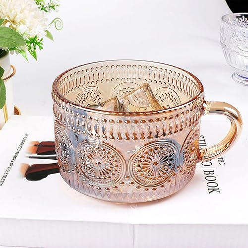 Miniatura 2 de MFACOY Juego de 2 tazas de café vintage, tazas de té de vidrio de 14 onzas con asa, tazas de vidrio en relieve ámbar para capuchino, latte,