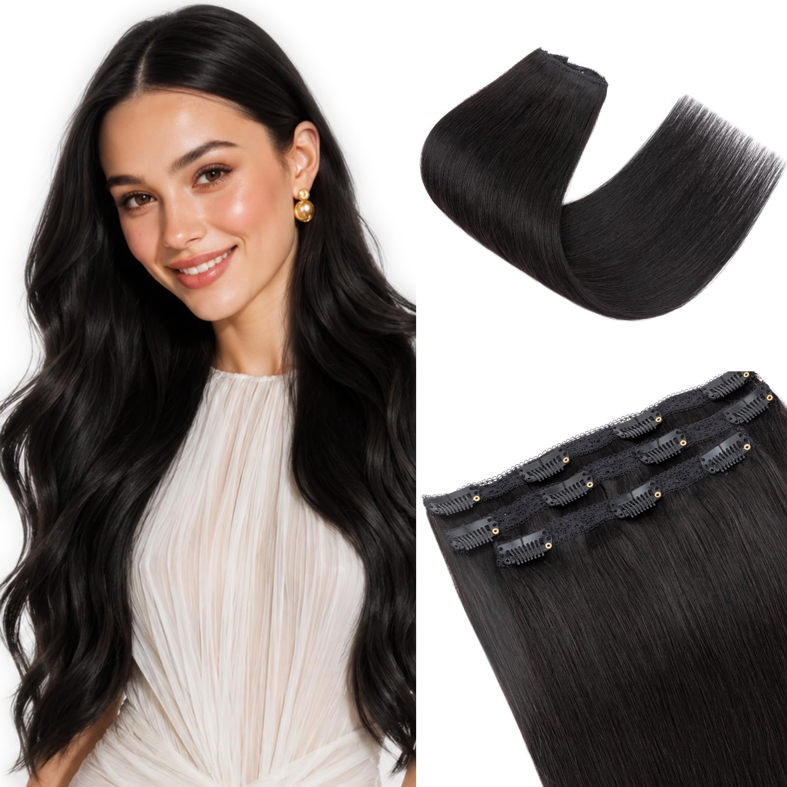 Rich Choices Clip in Extensions Echthaar 3pcs Clip in Haarextension Haarteil Haarverlängerung Echthaar Extensions Clip Remy Human Hair 55cm 86g #1B Natürliches Schwarz Extensions