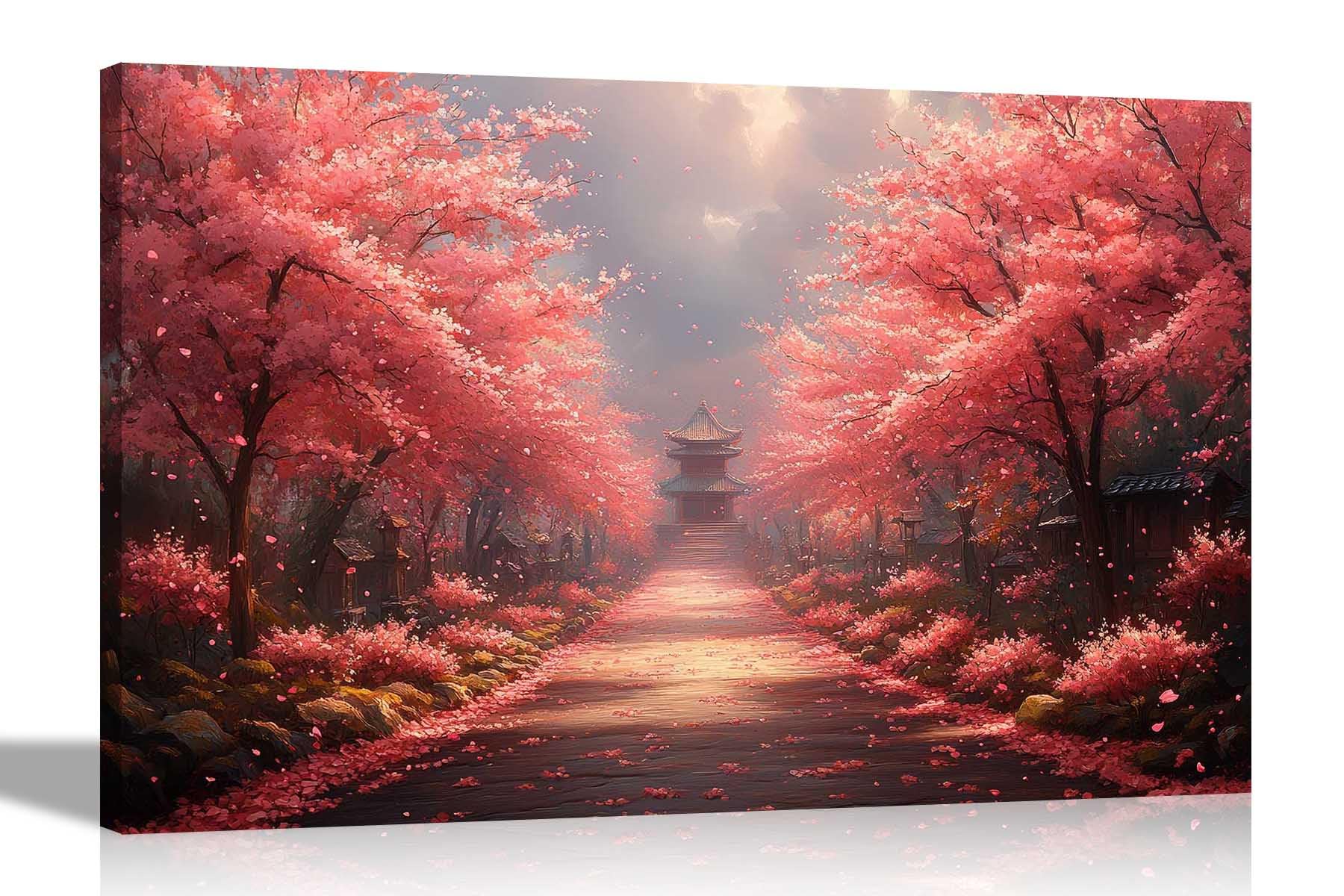Artley Prints Cloudy Temple Pink Heaven - Footpath To Japanese Temple Pink Blossom Trees Canvas Wall Art Prints For Office Home Hallway Landscape Pictures Large 86 X 61Cm (34 X 24 Inches) A1