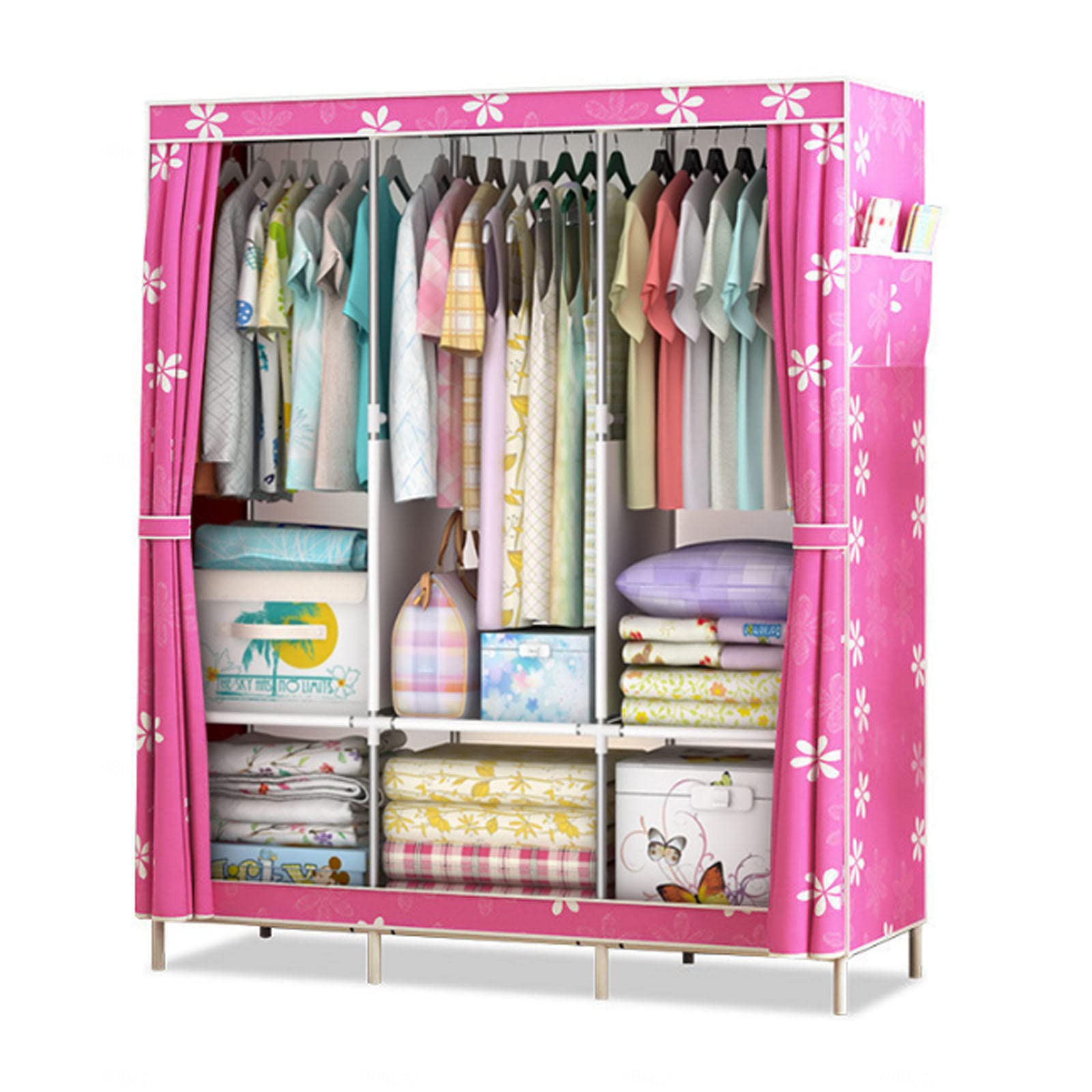 Faltbarer tragbarer Canvas-Kleiderschrank mit Kleiderstange und Regalen, Stoff-Kleideraufbewahrung mit Seitentaschen für Taschen, Rosa, 125 x 45 x 168 cm, ideal für Zuhause und Wohnheim