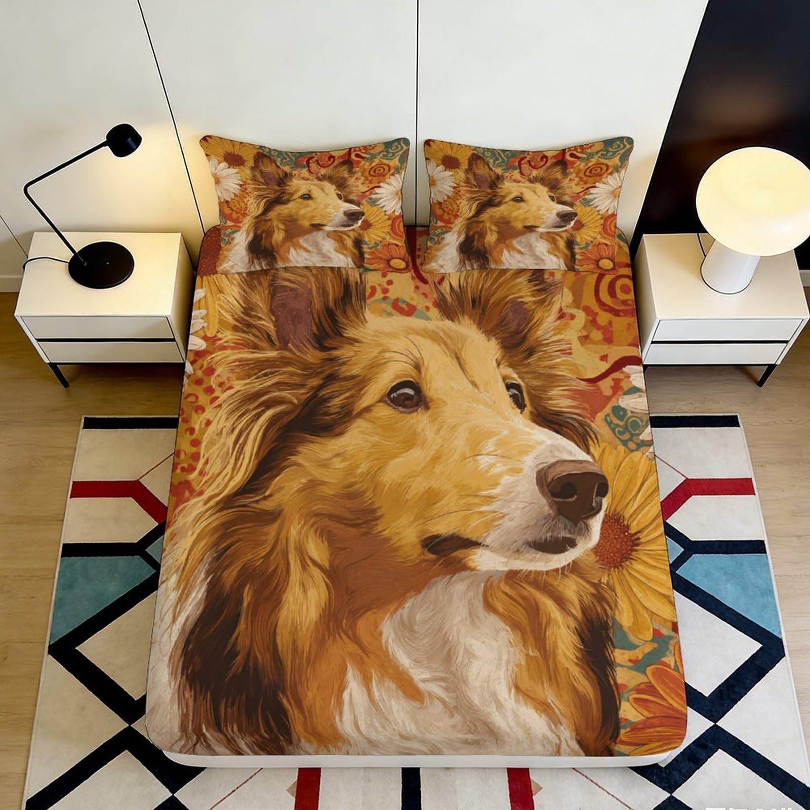 3D Printed Collie Dog Fitted Sheet Microfiber Floral Pattern Mattress Cover Anti-Slip Machine Washable for Bedroom Decor 120x200x25cm