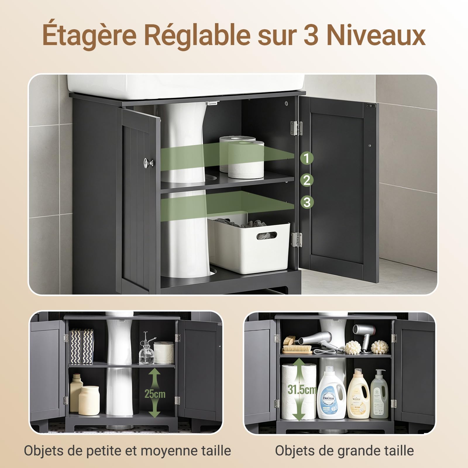 SoBuy Meuble sous Lavabo Salle de Bain – Meuble sous Vasque avec Portes et Étagère Réglable – Compatible avec Lavabo Colonne – Meuble de Rangement Compact en MDF, Gris Foncé, 60x60x29cm, BZR18-II-DG
