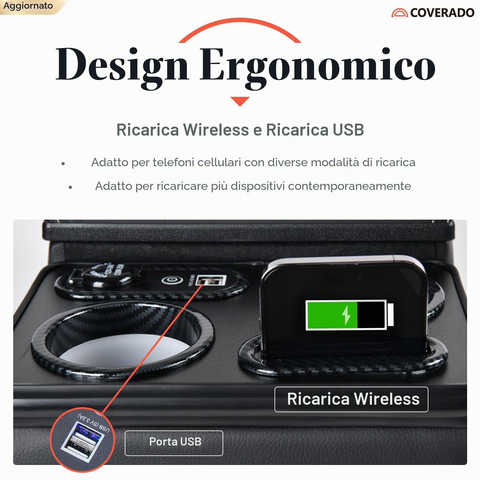 Coverado Console del centro auto in Pelle, Universale Braccioli Centrale Auto, Console sedile posteriore con supporto della tazza + supporto telefono per auto (Aggiornamento, Nero)