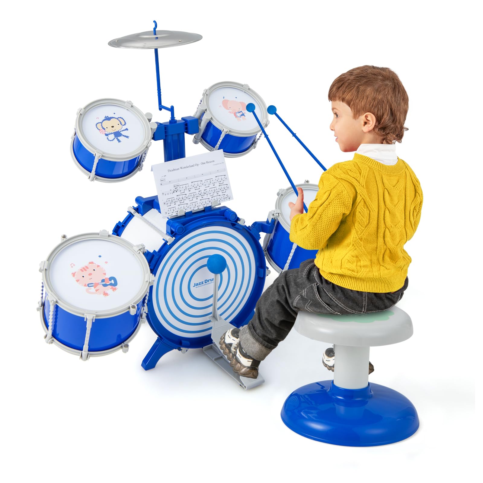 GYMAX Set Batteria Jazz per Bambini con 5 Tamburi, 1 Cimbalo, 2 Bacchette, 1 Leggio e Pedale, Set di Tamburi con Sgabello, Giocattolo Strumento Musicale per Bambini 3+ Anni, Blu