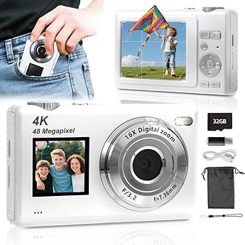 Digital Camera with Dual Screen Auto Focus 4 K 48MP Vlogging Camera with 32GB Card Compact Camera 16X Zoom Anti-Shake Gift for Children Teenagers Beginners Y5