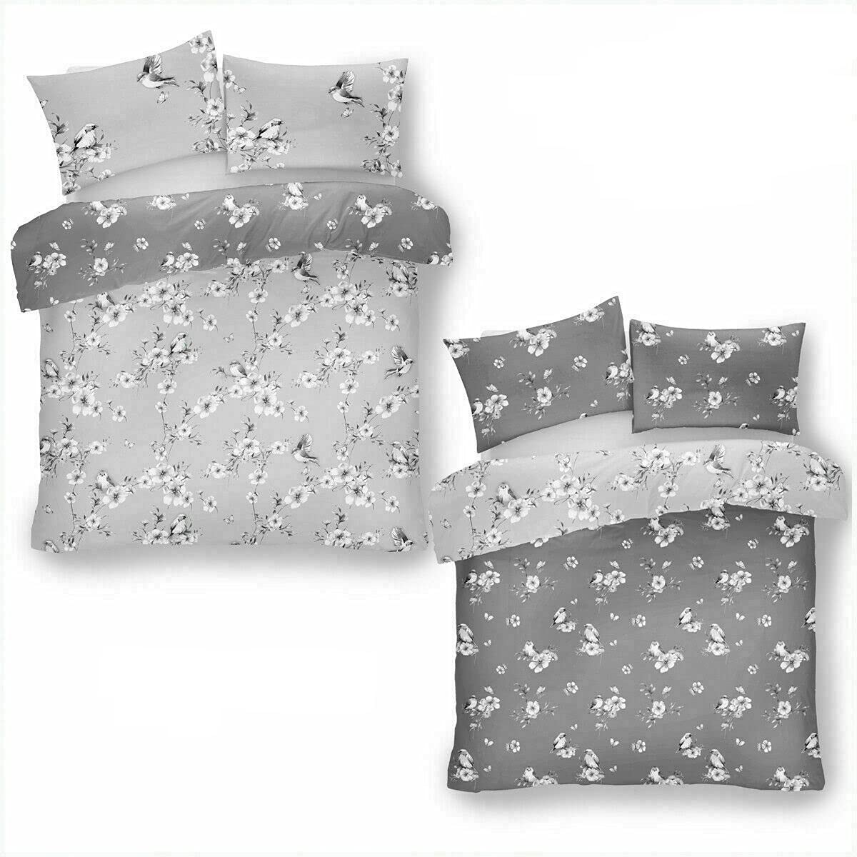 LJ Birdie Blossom Floral Birds Pattern Duvet Cover Sets Cotton Rich Quilt Cover Sets Fully Reversible Bedding Sets (Grey, Double Size)