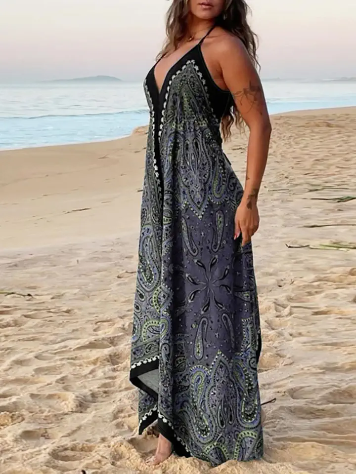 Women's Spaghetti Strap V Neck Paisley Print Boho Split Long Dress