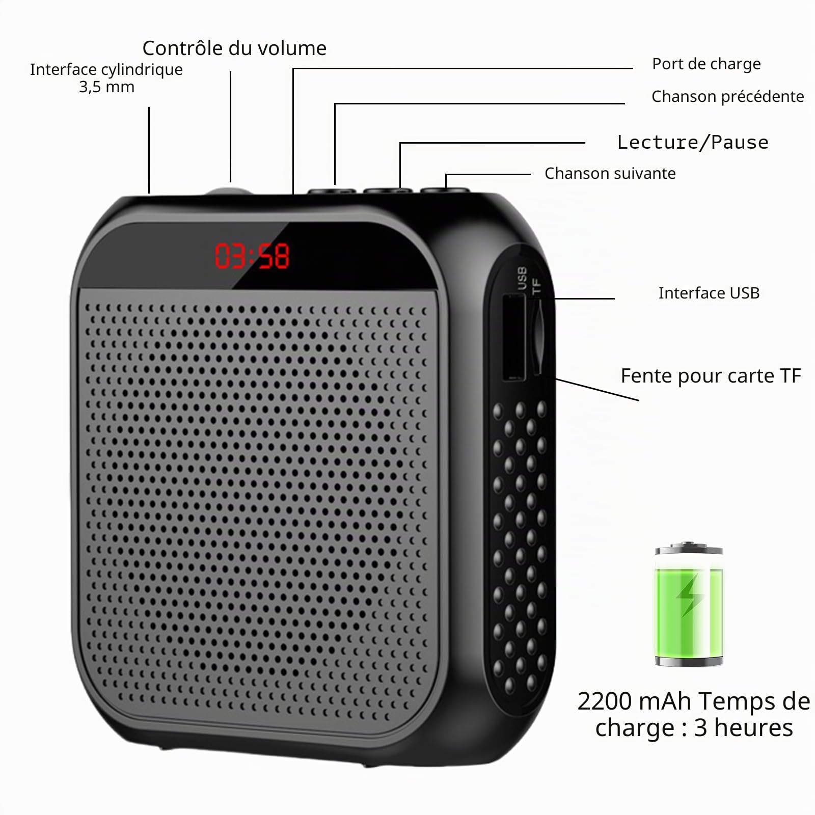 Amplificateur de voix sans fil Haut-parleur portable rechargeable avec micro Batterie 2200 mAh Mini amplificateur pour entraîneurs, enseignants, guides