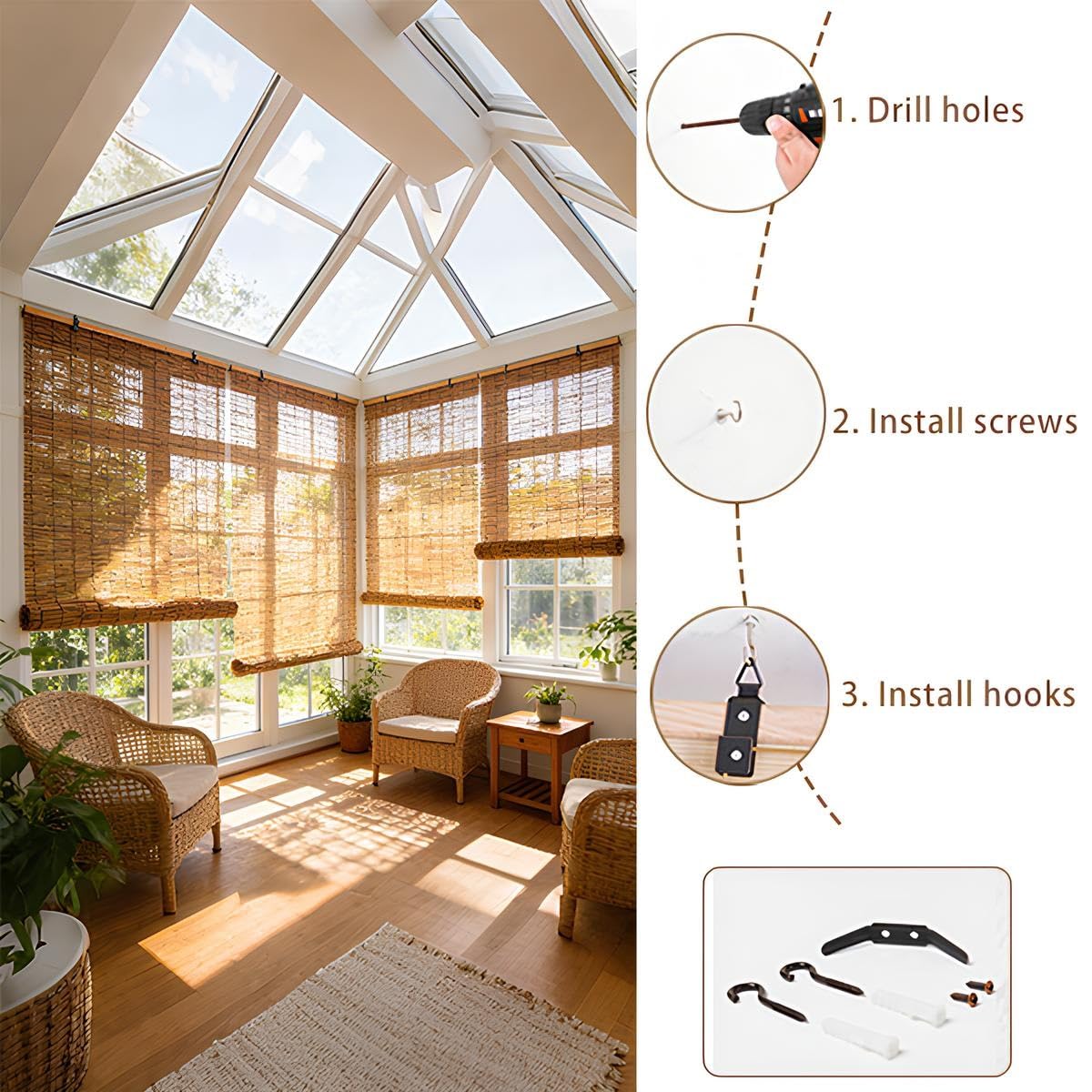 Store Enrouleur en Roseau Extérieur, Rideau De Roseau Occultants À 70%, Rideau Bambou Naturel Imperméables pour Fenêtres Véranda Jardin Pergola Balcon Cuisine(Brown,W150*H200cm)