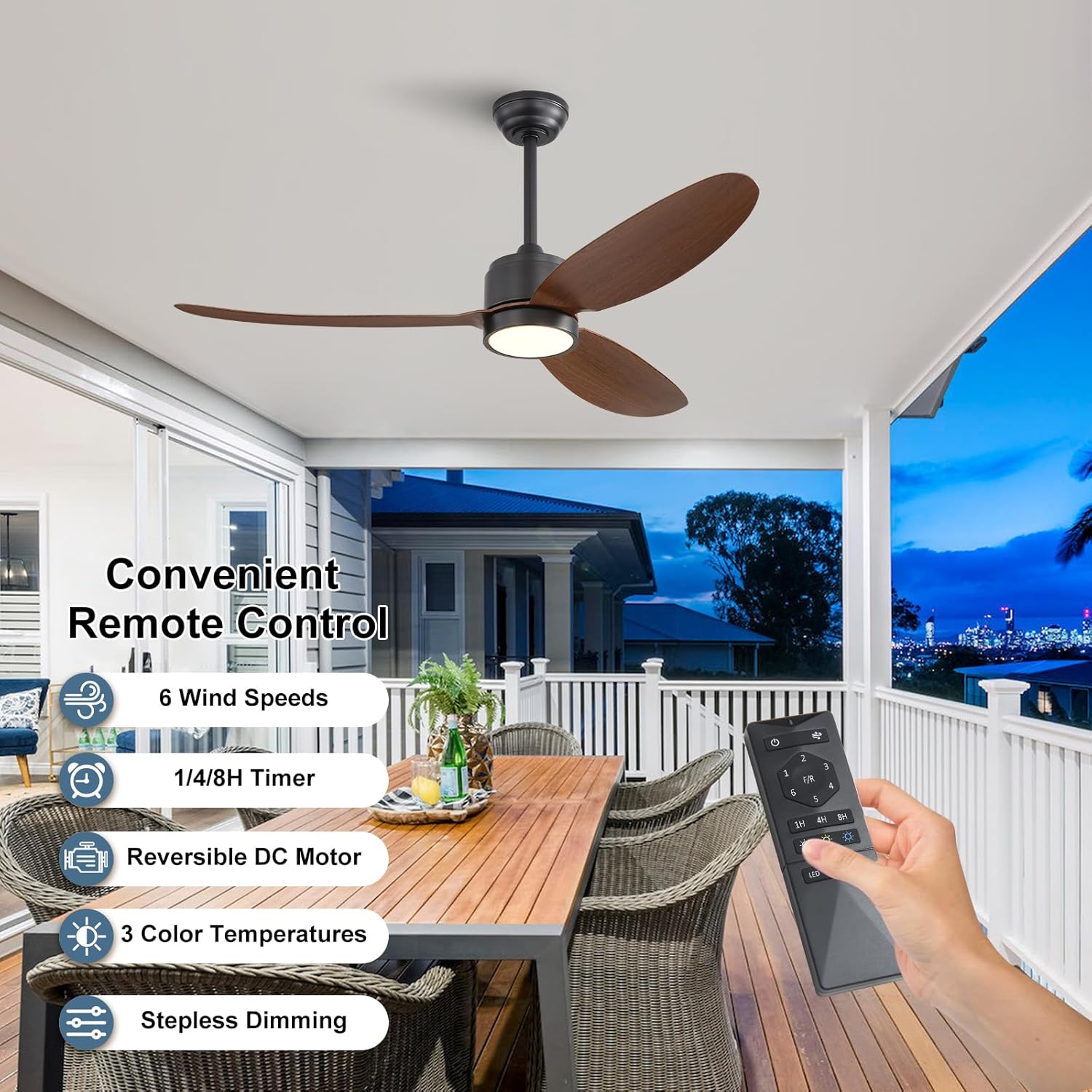 WINGBO 52" Outdoor Ceiling Fans with Lights, Wet Rated Waterproof Indoor Ceiling Fan with Remote, 3 ABS Blades Modern Ceiling Fan, 3CCT Quiet 6-Speed DC Motor, for Porch Patio Bathroom, Black+Walnut