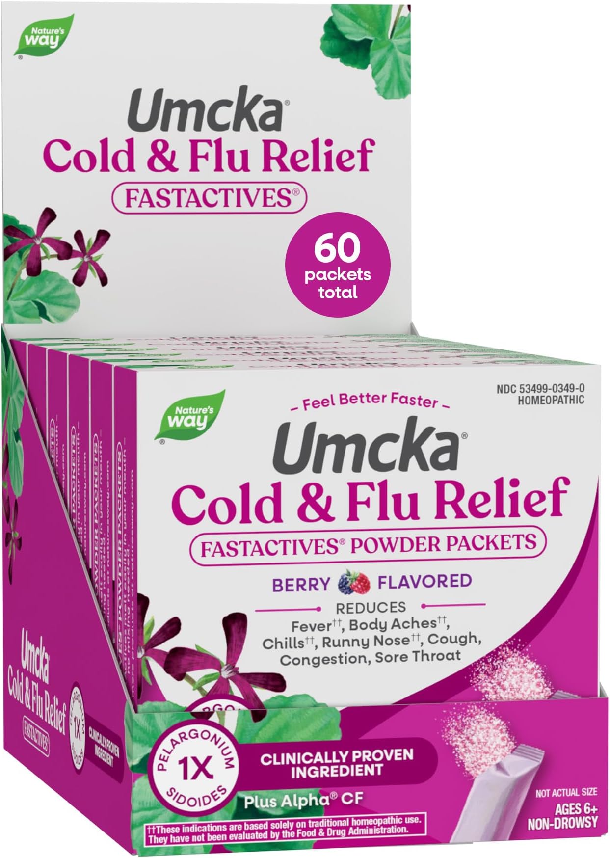 Umcka Fastactives, Berry Cold+Flu 10 packets per sleeve, 6 sleeves per box.