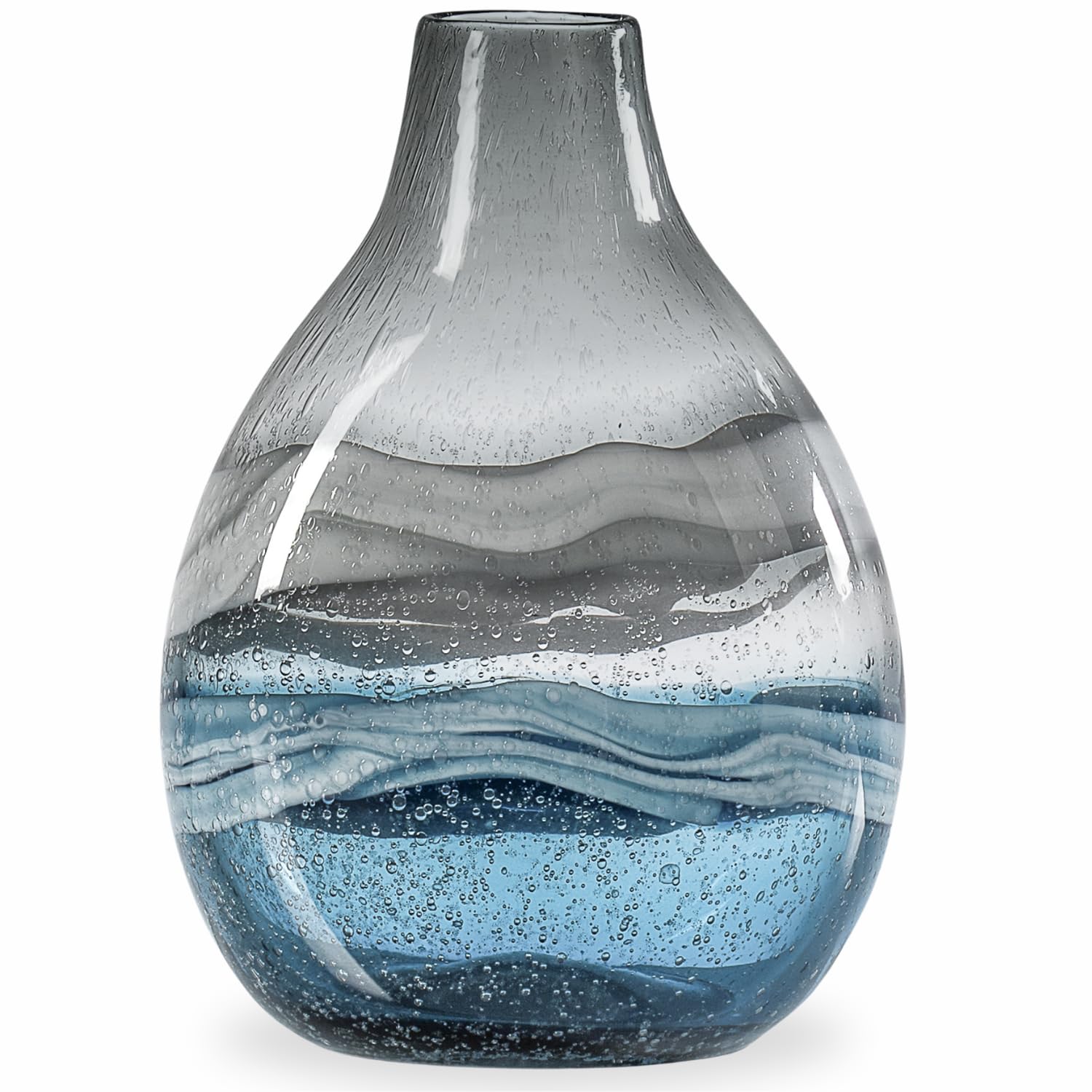 Torre & Tagus Andrea Handmade Swirl Glass Bulb Vase for Home Decor Living Room Centerpiece & Home Office, Short, Blue