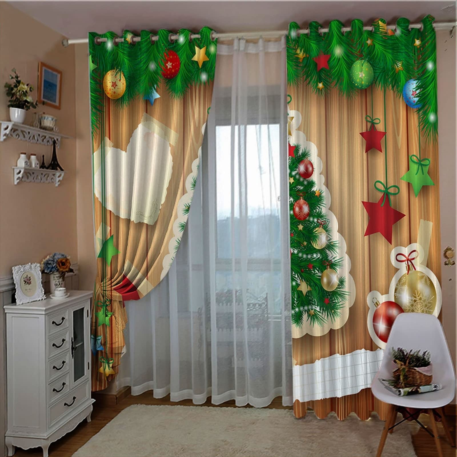 Serce z choinką gwiazdy kulki zasłony kuchenne, zasłony z oczkami 2 panele, szer. 137 cm x dł. 160 cm