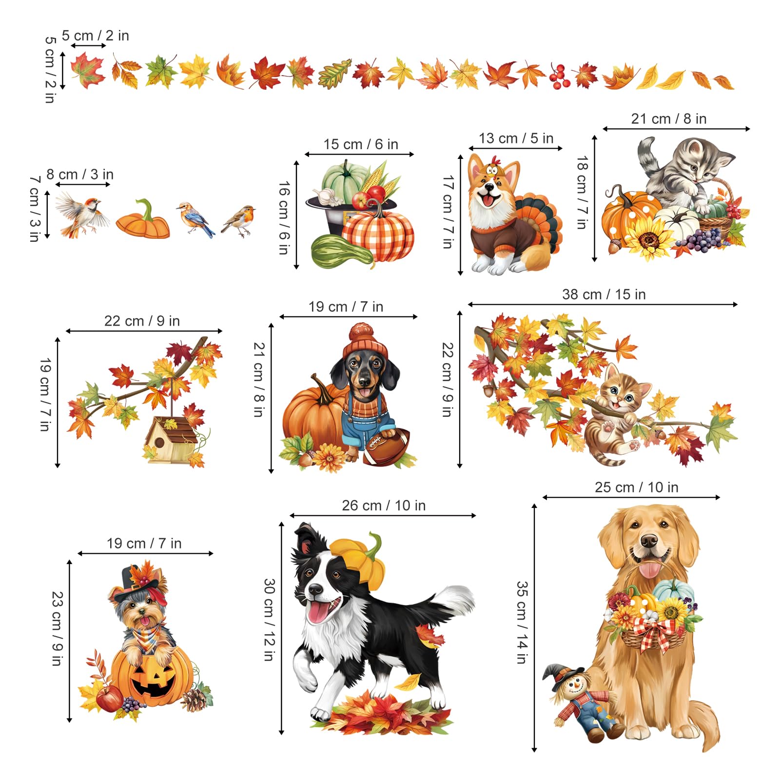 decalmile Fall Pumpkin Maple Leaves Double Sided Window Clings Autumn Harvest Dog Cat Scarecrow Birds on Tree Branch Anti-Collision Glass Doors Window Stickers Decals - Image 4