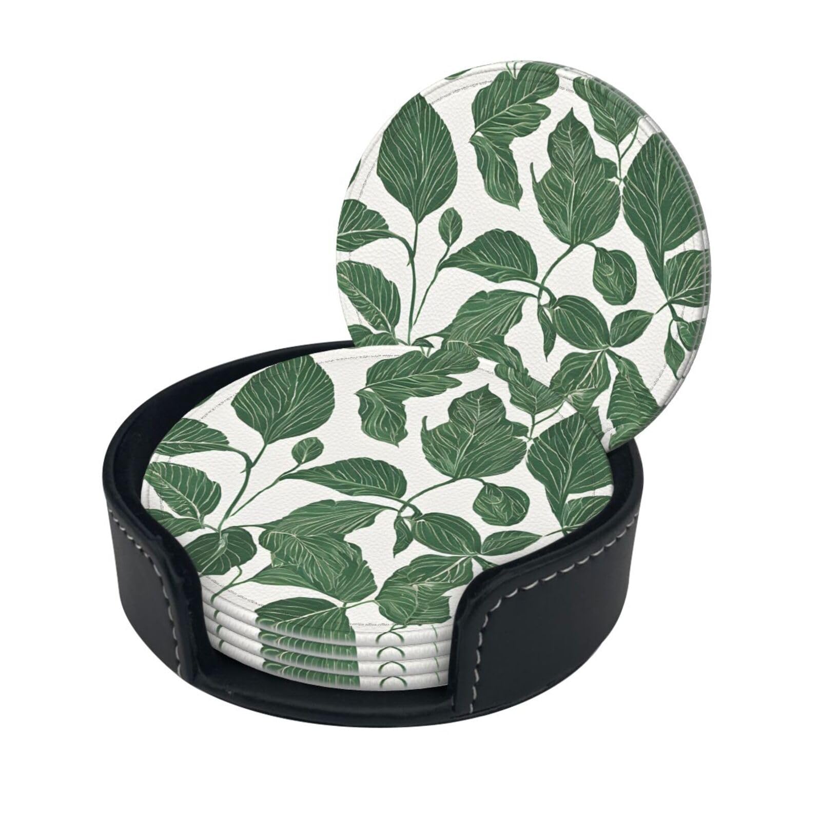 Green Palm Tree Leaves Pink Print Coaster,Round Leather Coasters with Storage Box for Wine Mugs,Cold Drinks and Cups Tabletop Protection (6 Piece)