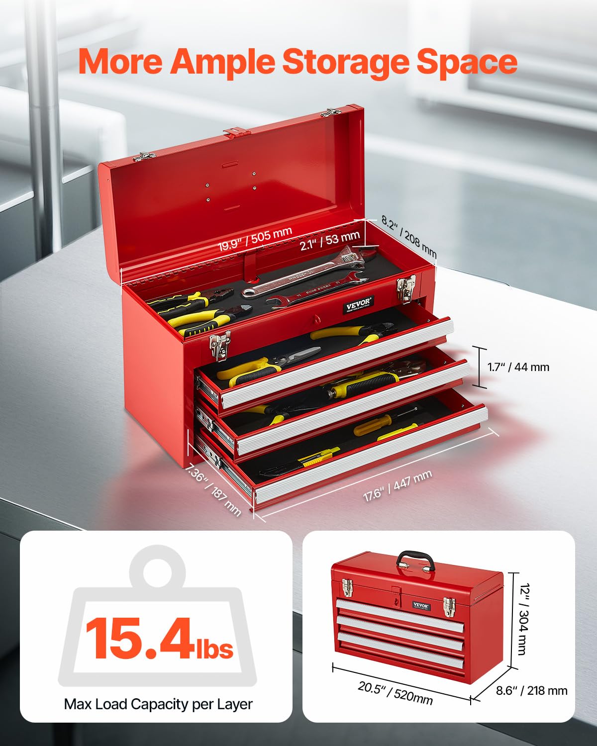VEVOR Cassetta degli Attrezzi in Metallo, 520 mm con 3 Cassetti Cassetta degli Attrezzi Portatile in Metallo, Cassetta degli Attrezzi con Rivestimenti Piedini, Acciaio con Cuscinetti a Sfera, Rosso