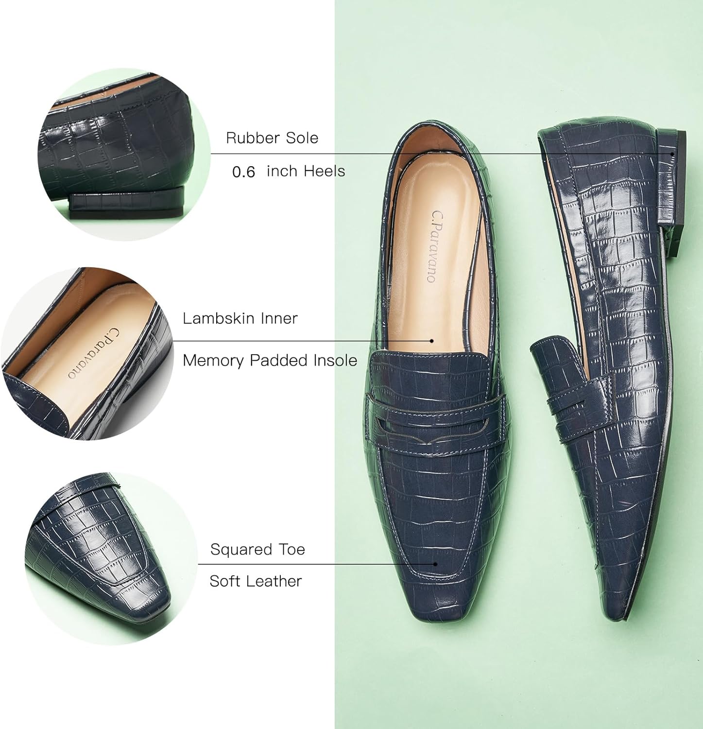 C.Paravano Penny Loafers for Women, Slip-ons Comfortable Dressy Formal Dress Square Toe Flats Loafer Shoes for Business Casual Wear(C-Navy,Size 7.5) - Image 4