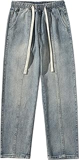 Mens Vintage High Street Jeans Distressed Elastic Drawstring Wide Leg Pants Straight Baggy Jeans Trousers (XX-Large,Light Blue 1)