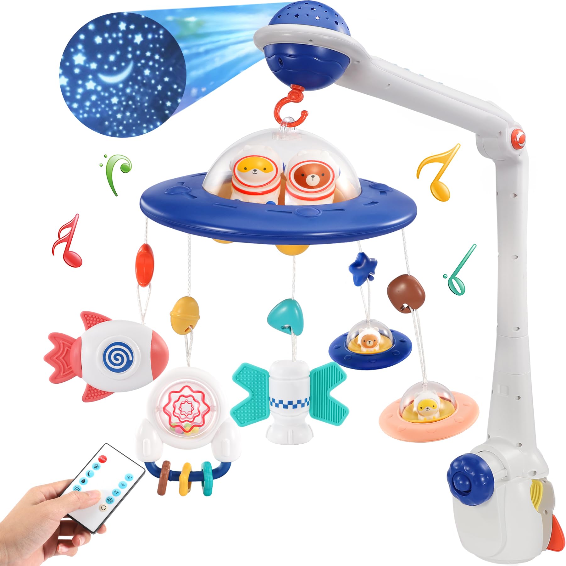 Ophy Movil Cuna Bebe, Móvil Musical de Cuna Bebé con Control Remoto,Proyector y Luz, Juguete de Cuna para Bebé, Regalo para Bebés para Niños y Niñas (Azul)