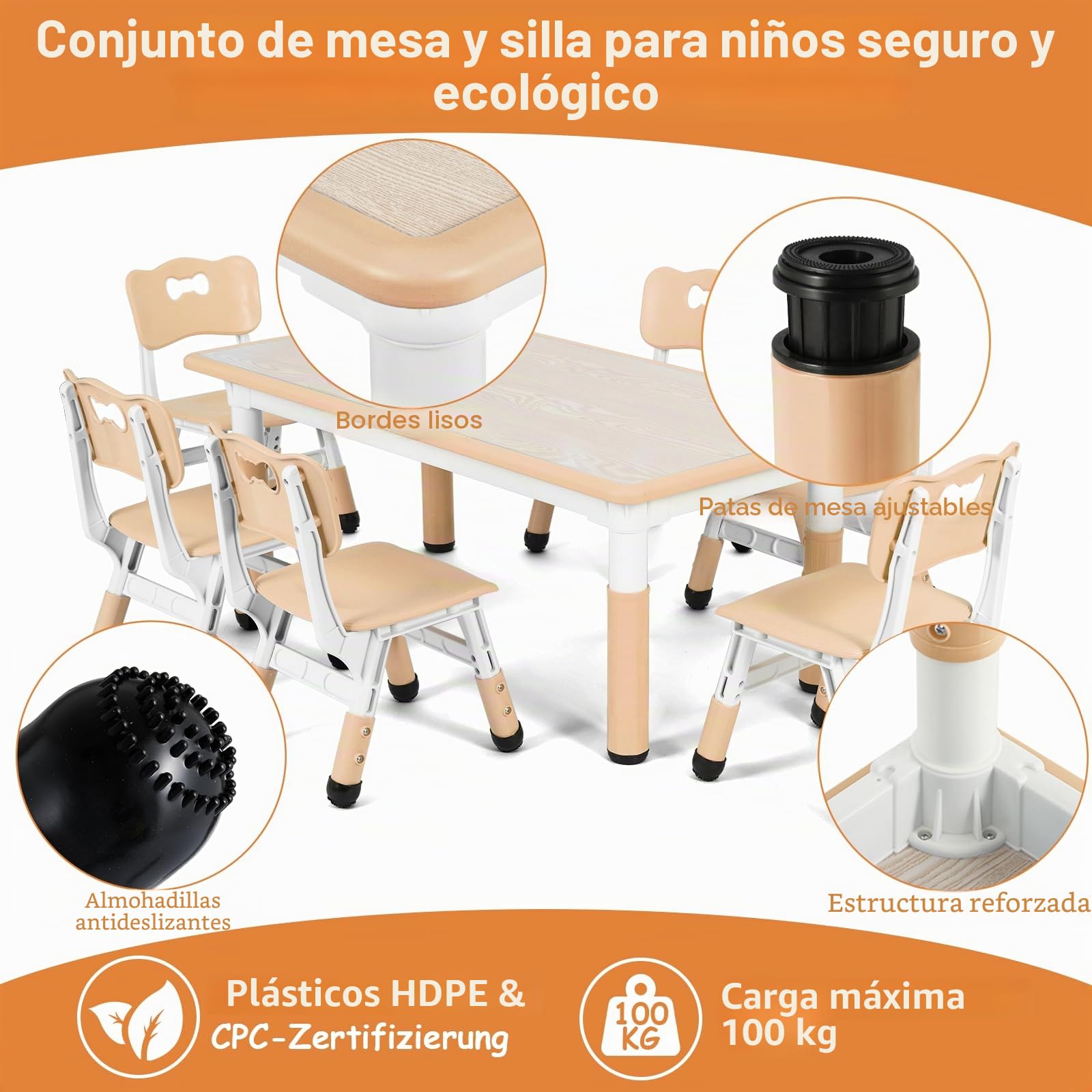 Mesa niños Infantil con 6 Sillas, Grupo de Mesa Infantil en Altura Ajustable, Juego de Sillas para Jardín de Infantes y Habitación, Grupo de Asientos para Niños y Niñas a Partir de 2 Años, Amarillo