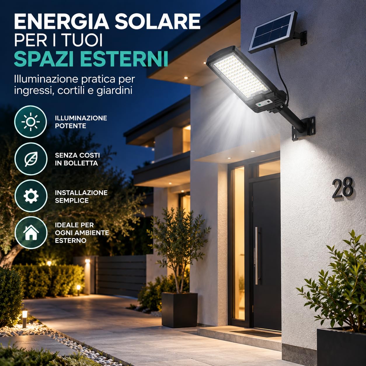Lampione Solare LED Esterno 2000W con Pannello Solare Separato, Faro Solare da Esterno IP67 con Telecomando e Sensore Crepuscolare, Staffa per Parete, Luce per Giardino Cortile Garage