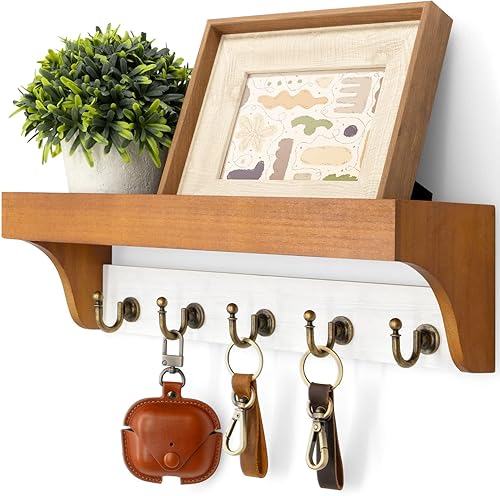 Rebee Vision Soporte para llaves y correo para pared con estante, decoración de casa de campo con 5 ganchos rústicos para llaves y organizador de