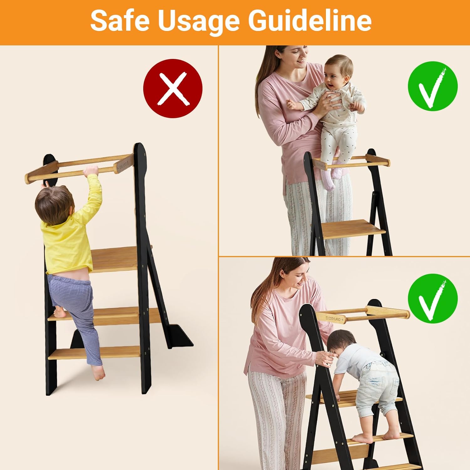 Safe usage guideline for the COSYLAND Toddler Kitchen Stool, showing correct and incorrect ways to use the stool