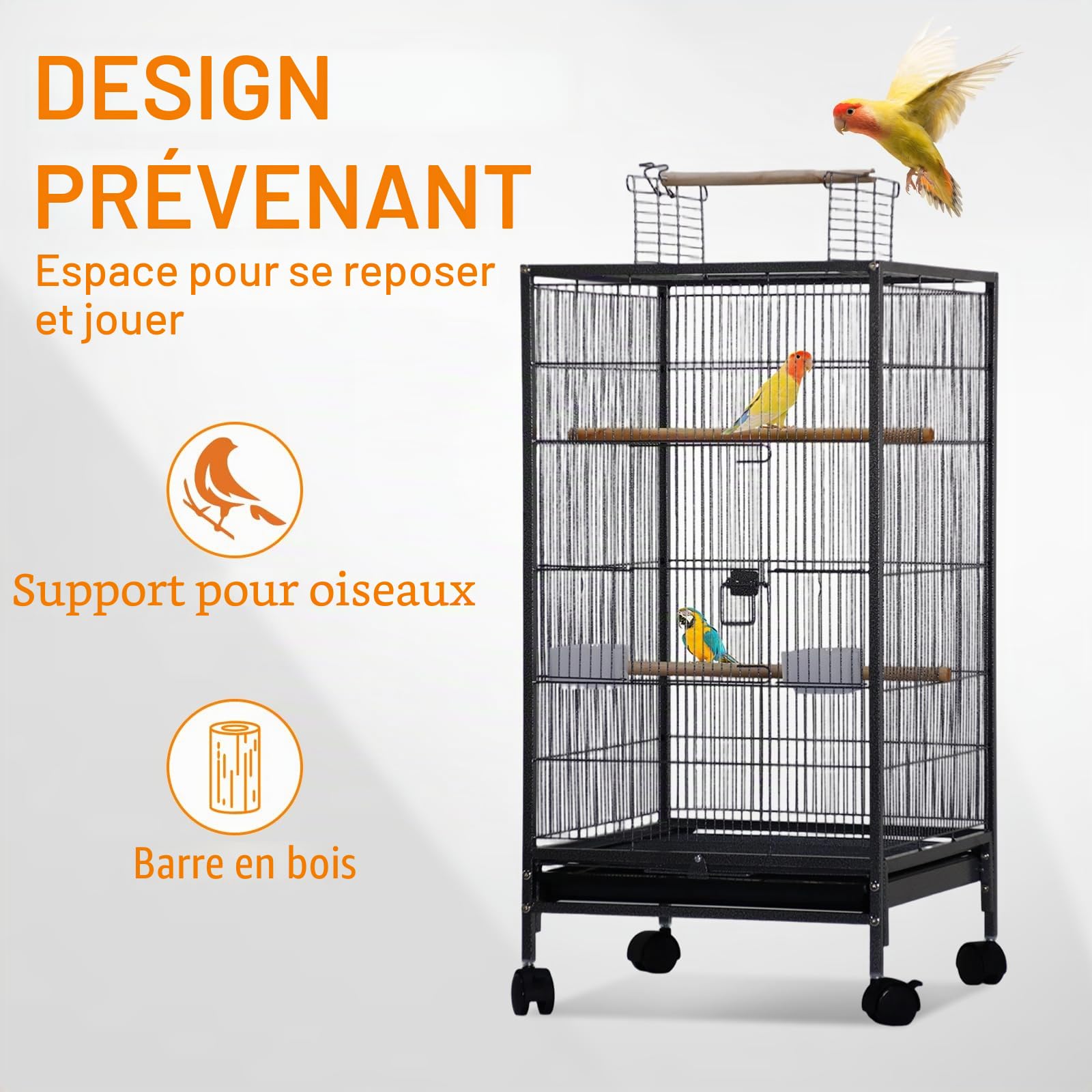 Cage à oiseaux, 46 x 46 x 102 cm, grand format, avec toit de jeu, support à roulettes et plateau amovible, avec 3 perchoirs, mangeoires et abreuvoir pour perruches, canaris