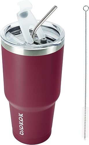 BJPKPK - Vaso térmico de acero inoxidable de 30 onzas con tapa y pajilla, reutilizable, para viajes, café, hielo, con aislamiento al vacío de doble