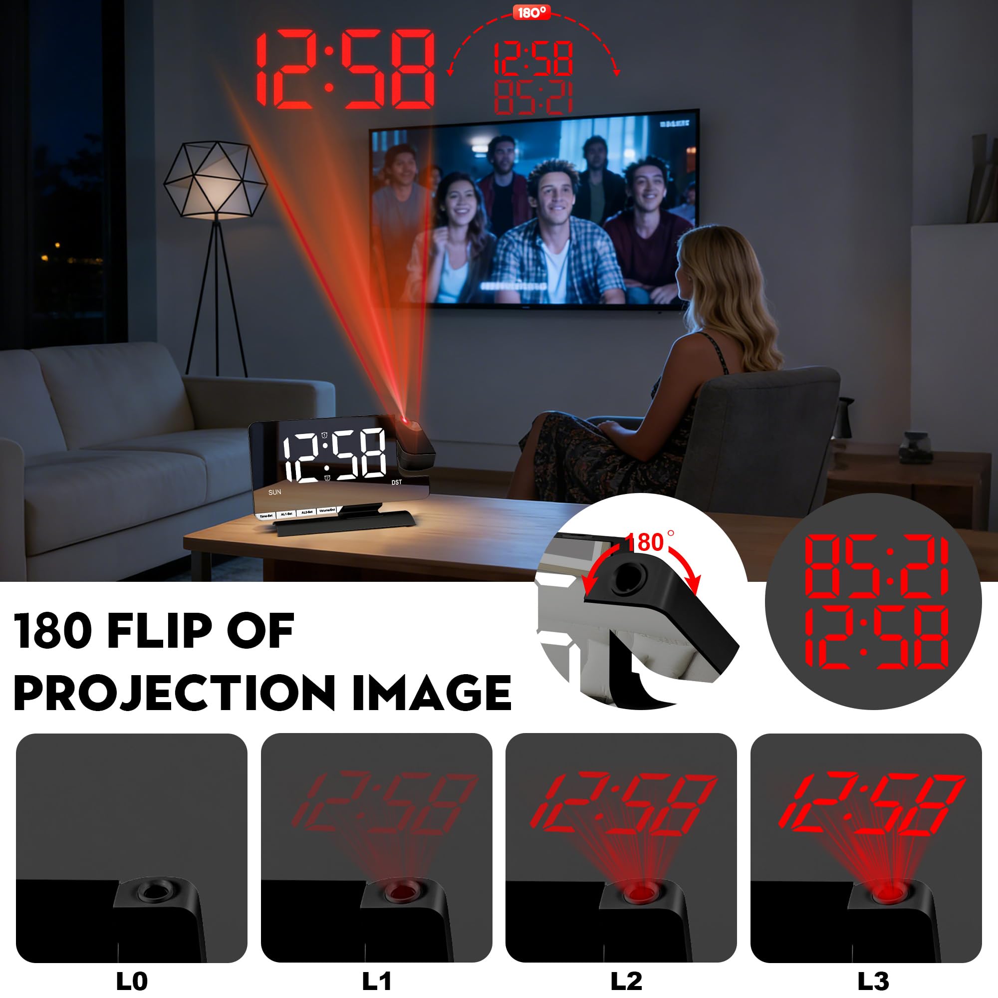 Amgico Reloj despertador de proyección, reloj digital con proyección, reloj de espejo de 7.3 pulgadas con proyector giratorio de 180°, alarma dual con 3 modos, ajuste brillante, DST, repetición