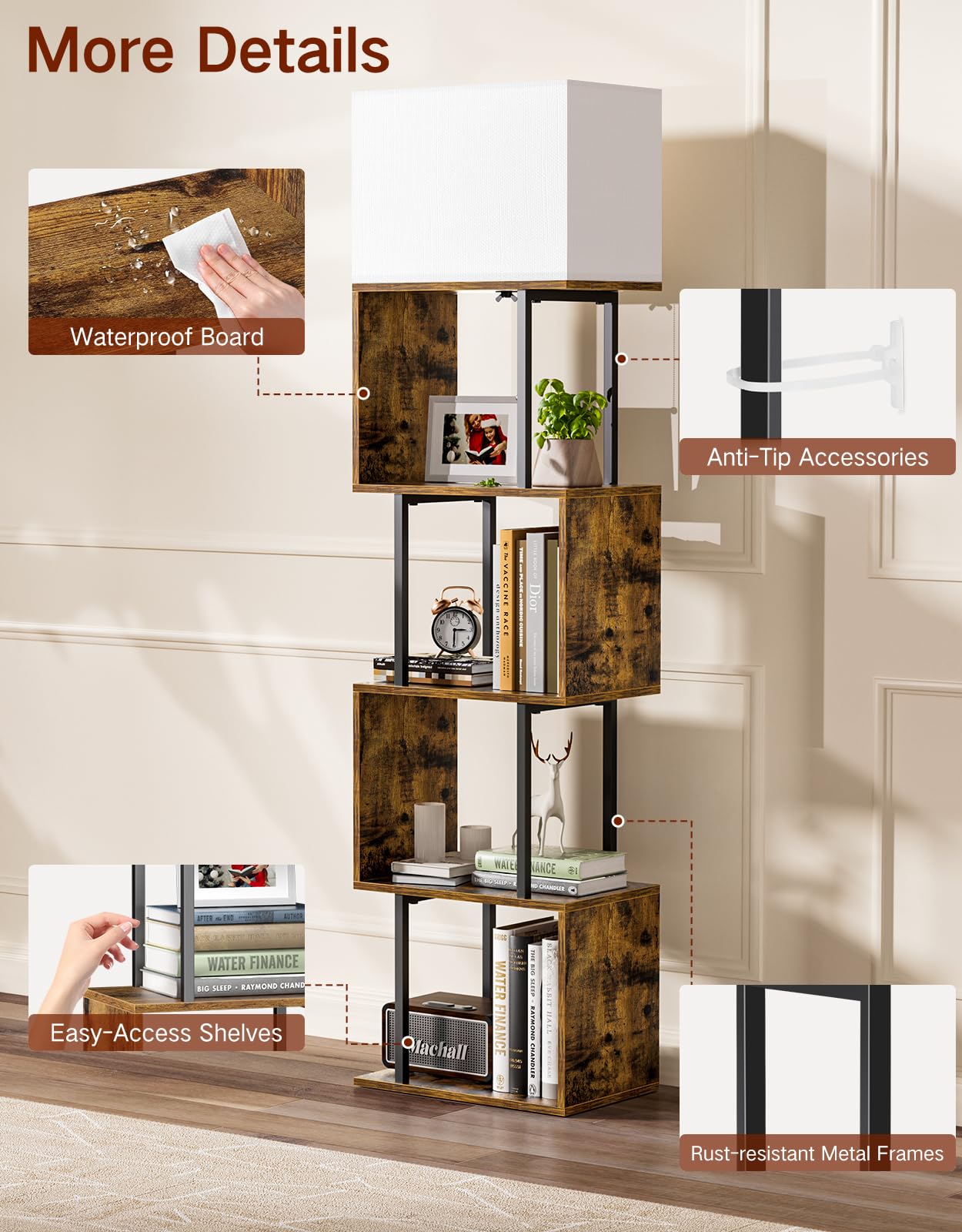 Lampadaire avec Étagère en S à 5 Niveaux, Lampe LED avec 3 Températures de Couleur et Télécommande, Design Moderne pour Salon, Chambre et Bureau