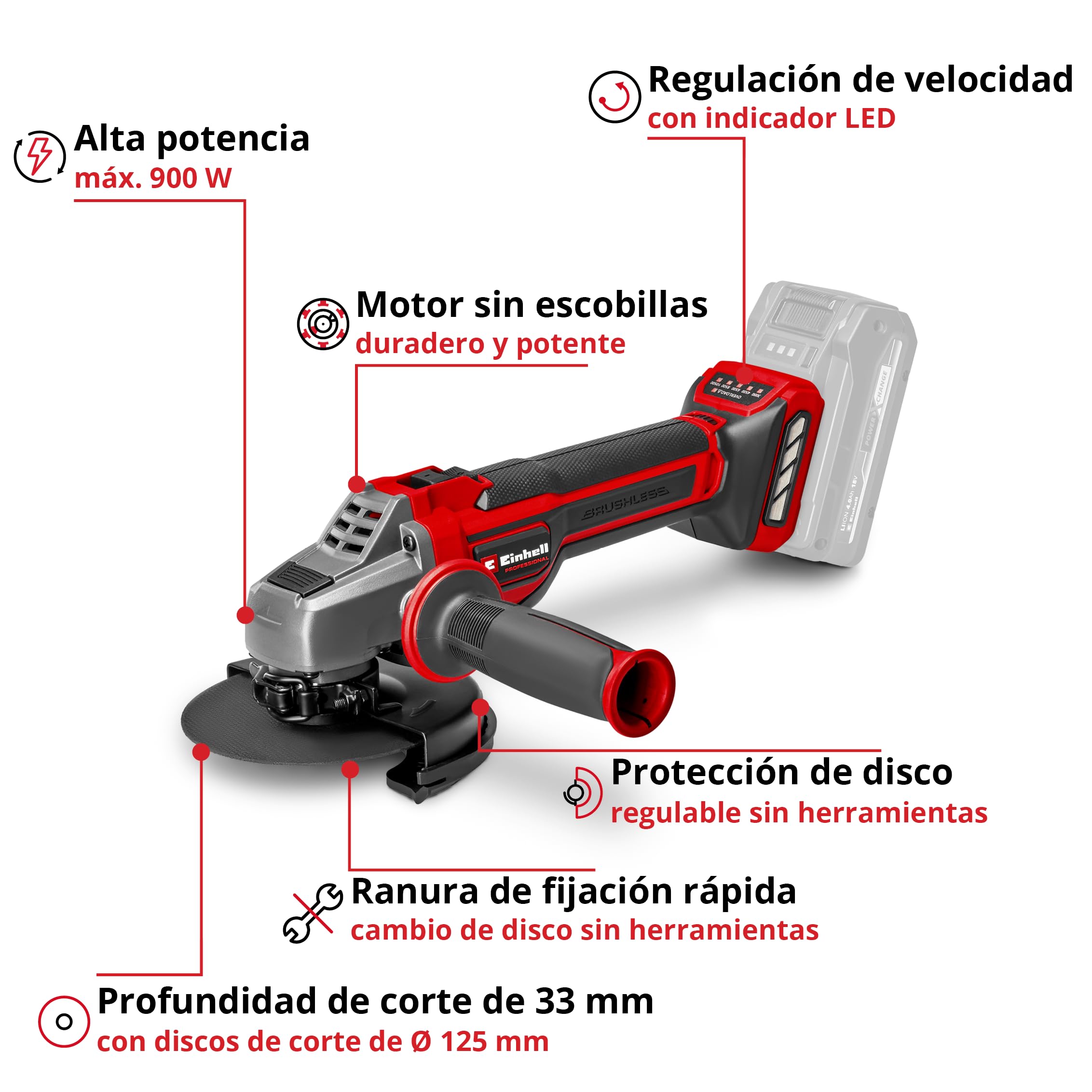 Einhell Professional Amoladora angular con batería TP-AG 18/125 CE Q Li-Solo Power X-Change (18 V, 900 W, Ø 125mm, 33 mm de profundidad de corte, sin escobillas, sin disco de corte ni batería)