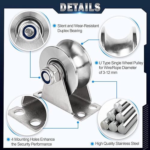Miniatura 3 de Rueda de polea ranurada para cuerda montada en la pared, 1 paquete de acero inoxidable súper silencioso, sistema de tirones de cable, tipo U,